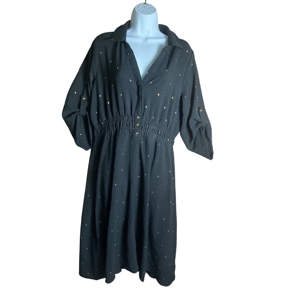 Alex & Parker Black Gold Foil Diamond Smocked‎ Waist Roll Tab Sleeve Dress XL
